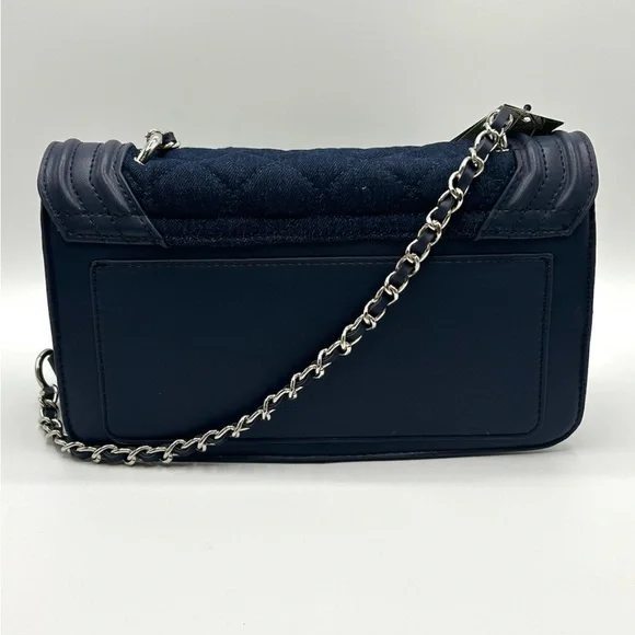 Quilted denim silver hardware Pearl detail vegan leather Crossbody bag NWT